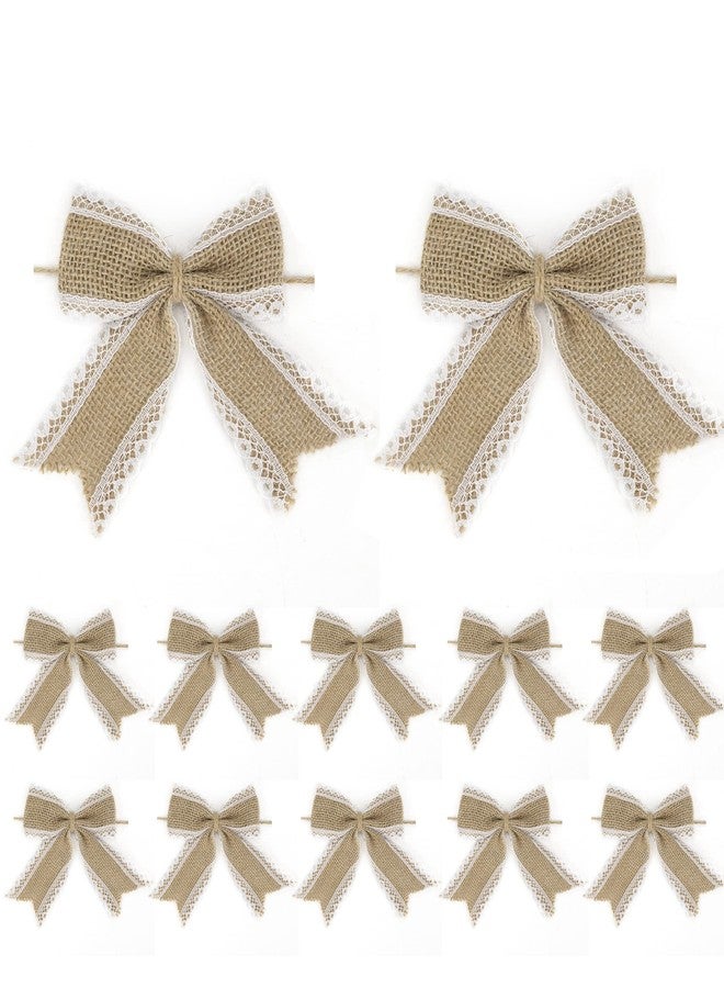 AIMUDI Natural Burlap Bows with Lace 4 Inch Handmade White Lace Jute Bows Pre Tied Gift Bows for Crafts Burlap Bows for Christmas Trees Vintage Wedding Decorative Bows for Party - 12 Counts - Image 1